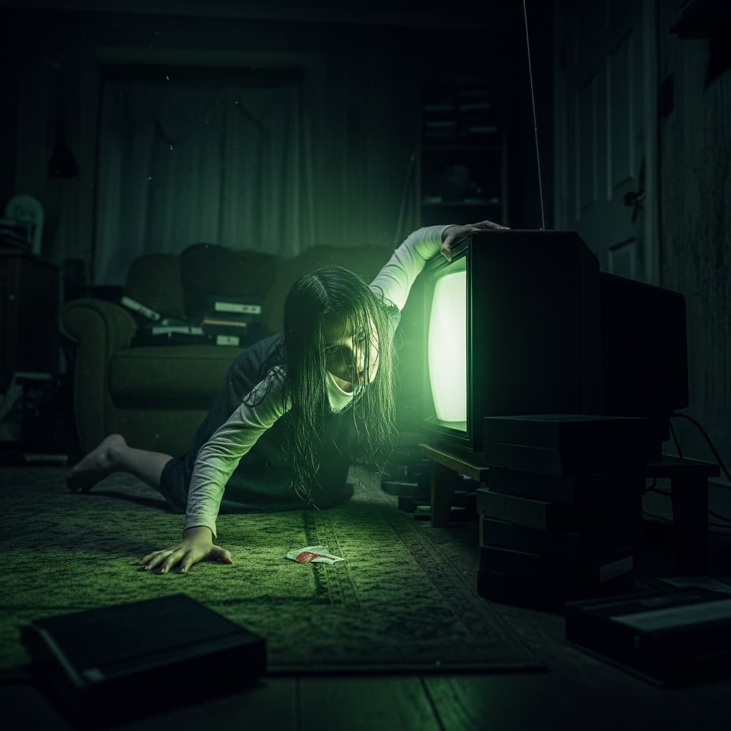 AI generated: A hyper-realistic, high-resolution photograph of the horror character Samara Morgan. A young girl wi...