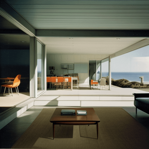 AI generated: Hyper realistic eye level exterior photo of a mid century modern style house overlooking the ocean, ...