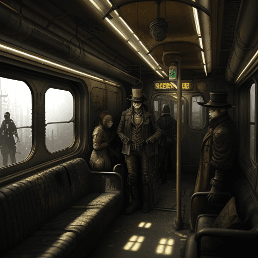 AI generated: In a dystopia, a man with a hat enters a post-apocalyptic steampunk train, the lights inside the tra...