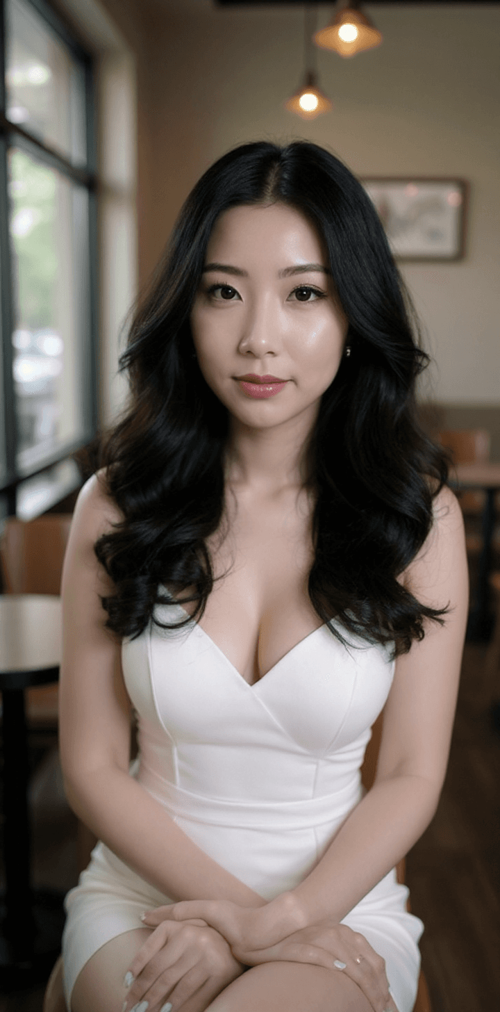 AI generated: A China female, sexy ,black long hair, black eyes,white dress,stay in coffee shop