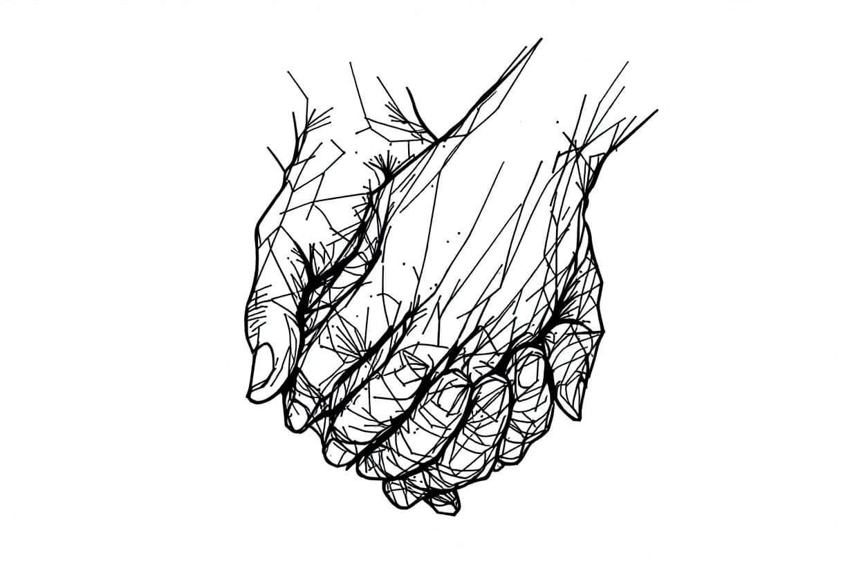 AI generated: minimalist line art drawing of a woman's and a man's hands gently wrapping around each other, sketch...
