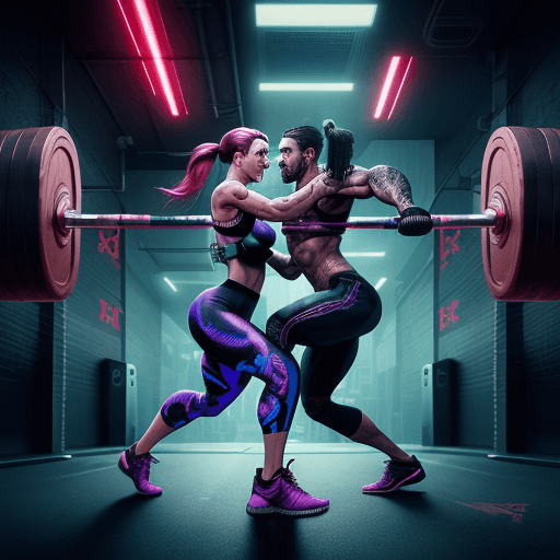 AI generated: Cyberpunk illustration, highly detailed couple, full body, workout, exercise, crossfit, amrap, symme...