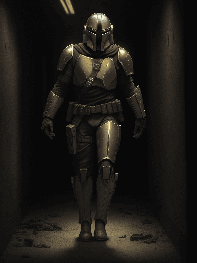 AI generated: A haunting scene of a mandalorian with a golden armor| golden armor(glowing eyes:1.2)| Staggering th...