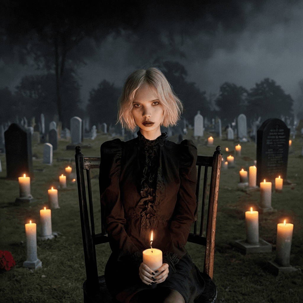 AI generated: a gothic style chair surrounded by a gloomy foggy cemetery and woody architecture, floating candles ...