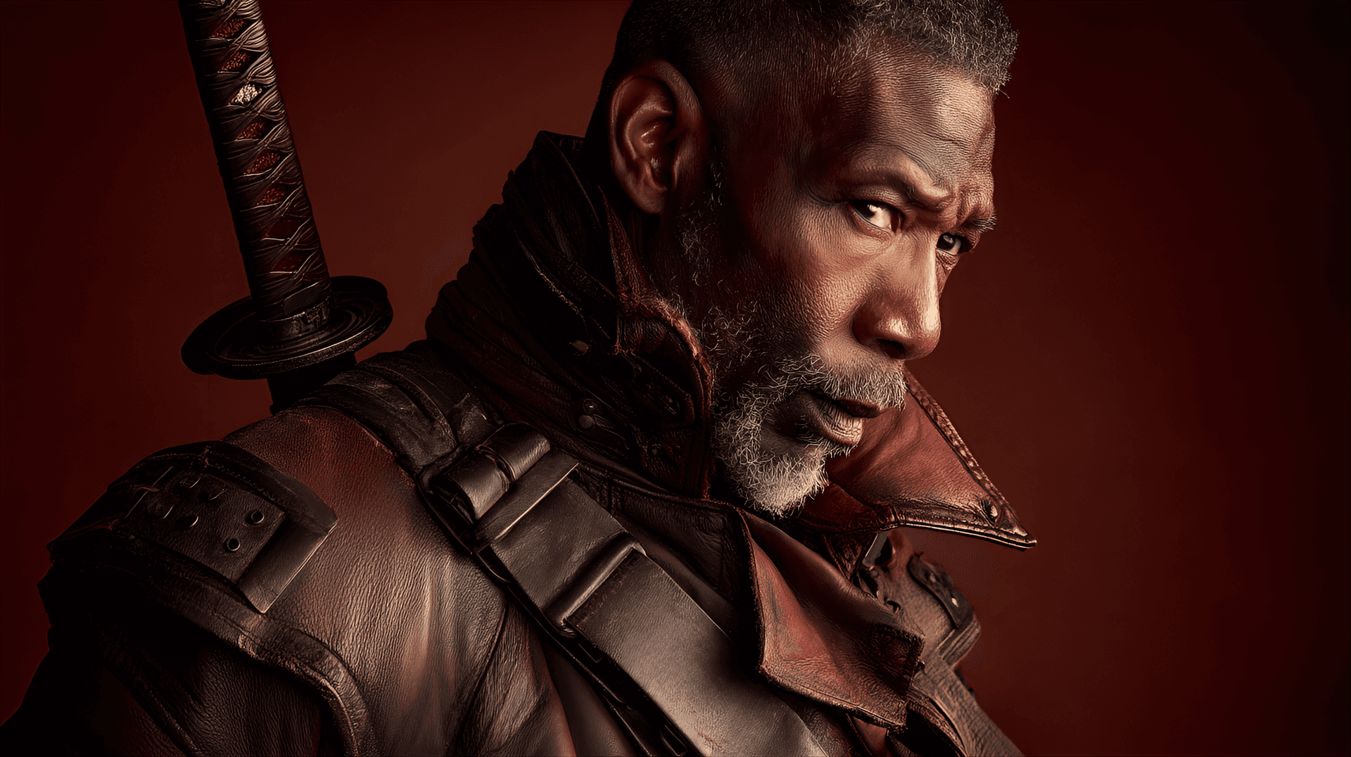 AI generated: man, approximately 60 years old,  wearing a dark, leather trench coat with a crimson lining and mult...