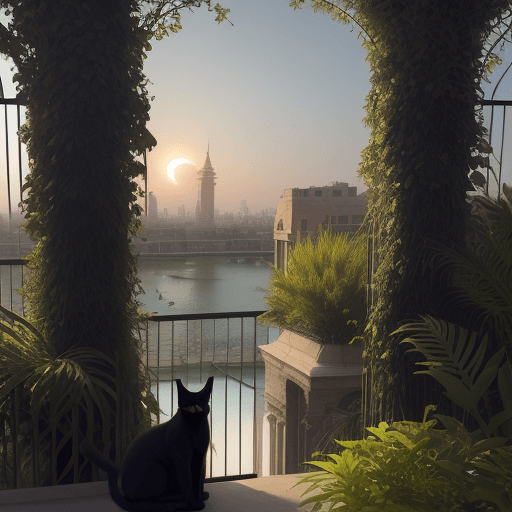 AI generated: A black cat watching the hanging gardens in babylon. No people. Lots of vegetation. The sun is going...