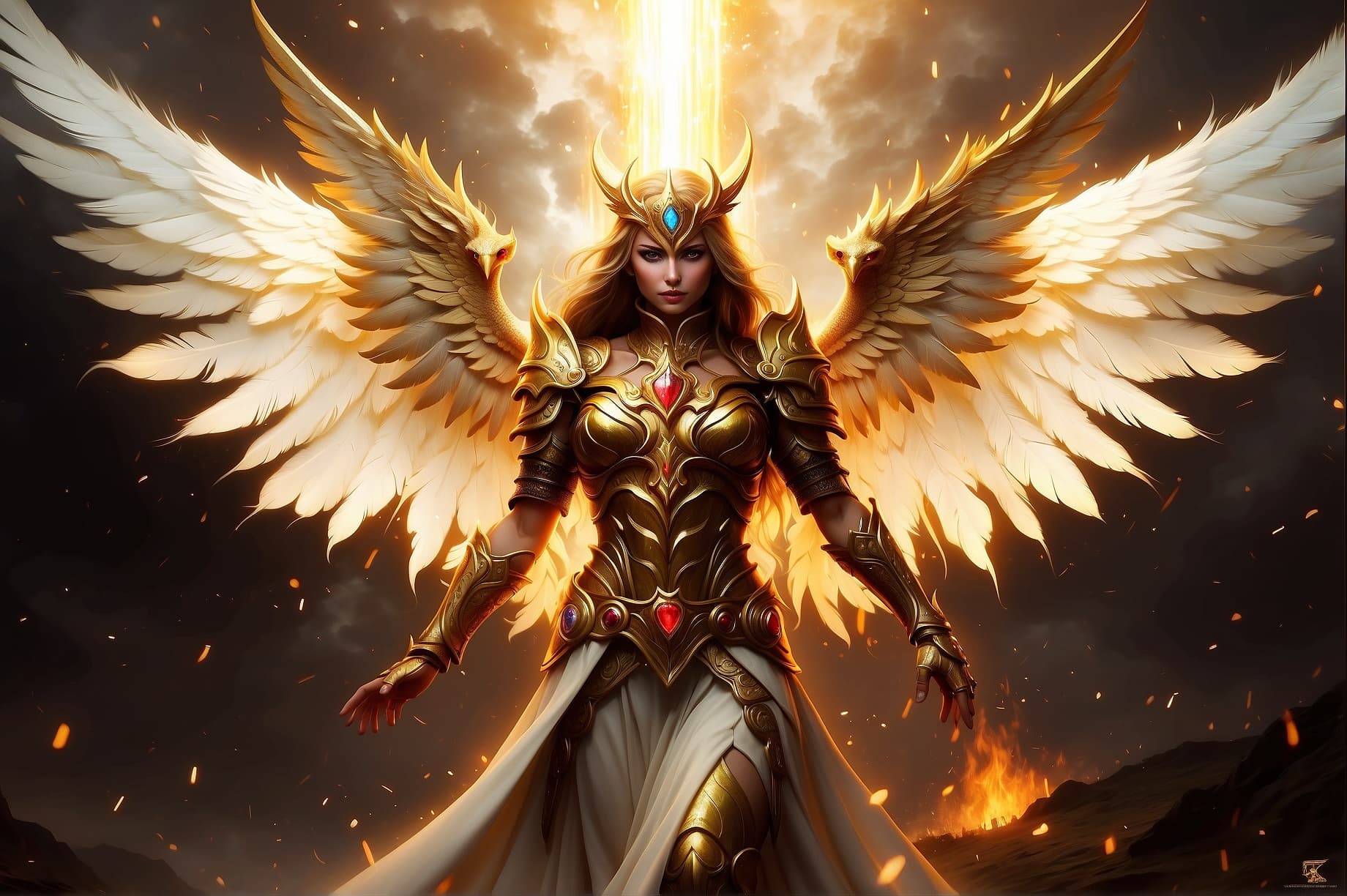 AI generated: White and gold Glowing big Rays Angel with Glowing wings facing the camera Avata