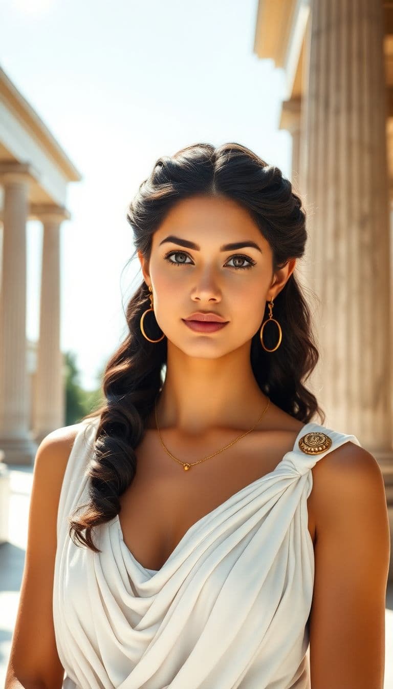 AI generated: A beautiful ancient Greek woman, embodying the classical beauty ideal of her time. She has symmetric...