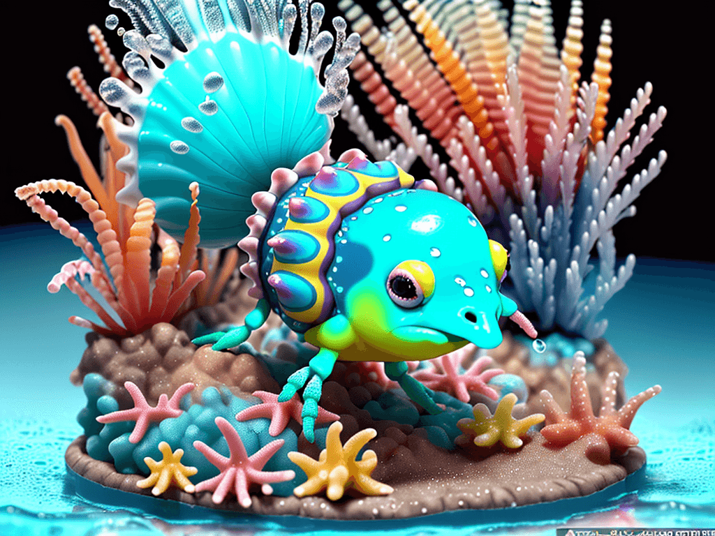 AI generated: nombre en 3D de "NUEVITAS" un cangrejo espectacular levanta sobre un fondo de mar cristalino,  cromo...