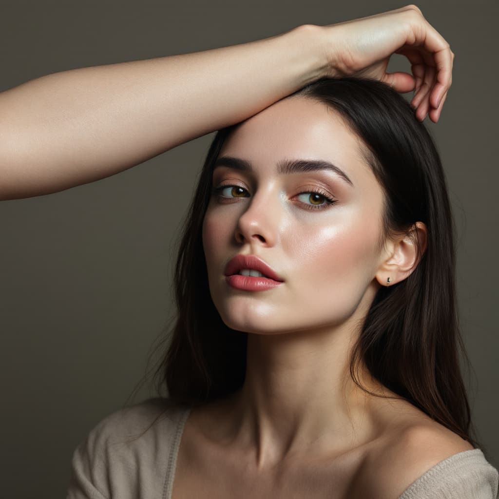 AI generated: A photo model with an arm coming out of her forehead.