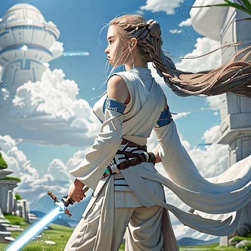 AI generated: A young female Jedi Padawan, dressed in a traditional white Jedi tunic and pants, training on the sa...
