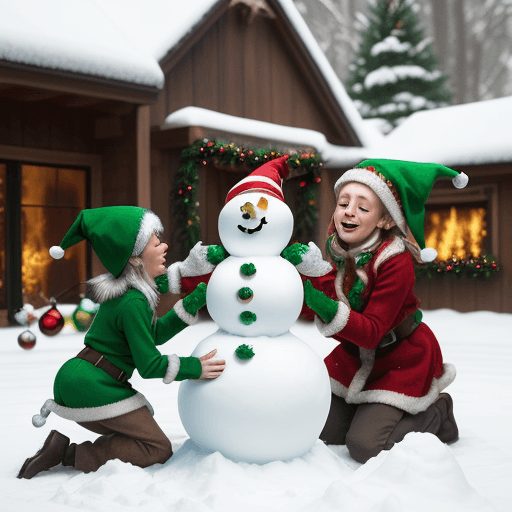 AI generated: group of christmas realistic 
elves happily building a snowman --v 4