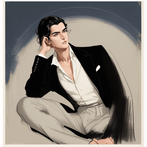 AI generated: Vintage fashion poster of an elegant young man meditating with black hair, drawn in the style of Pau...