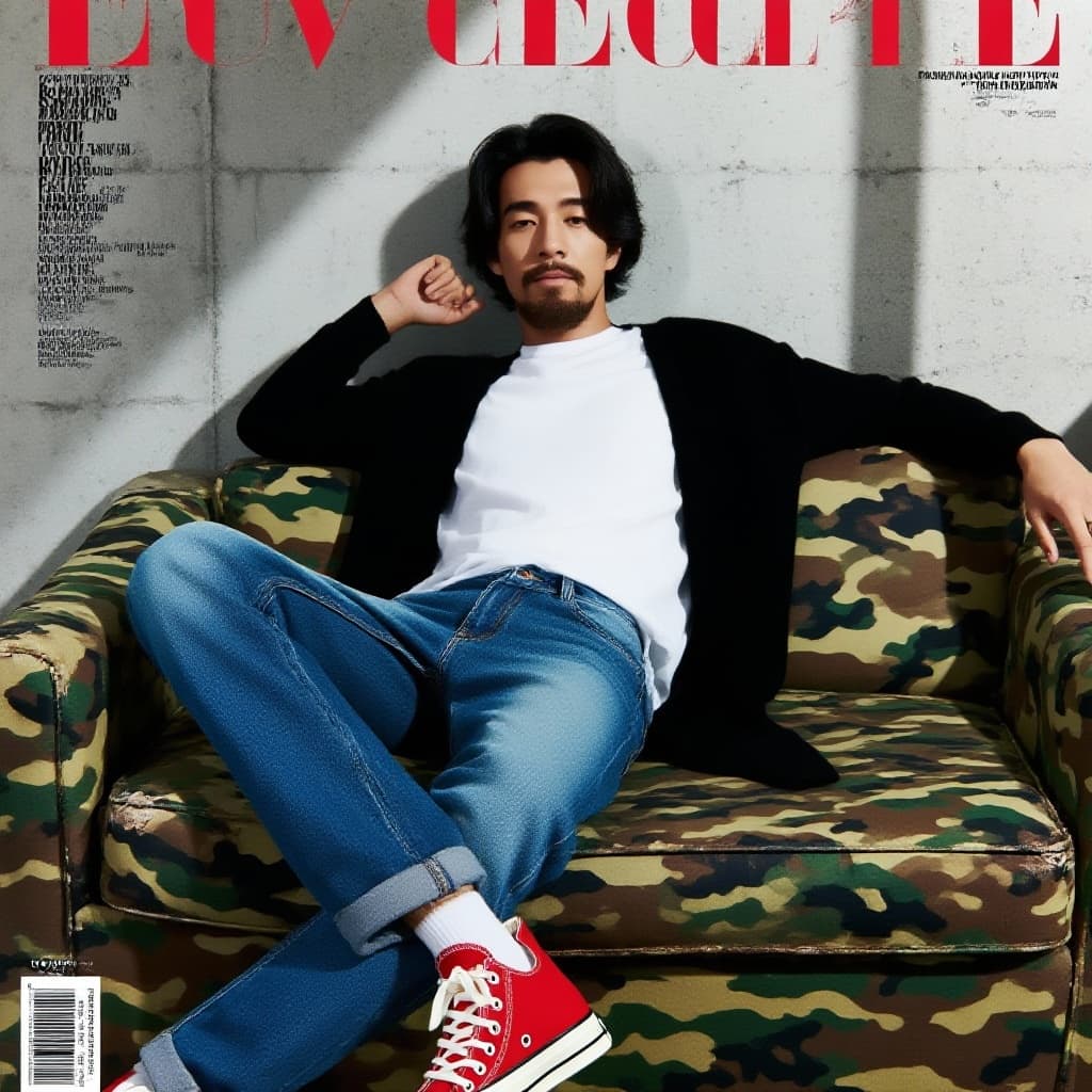 AI generated: photography, magazine cover, tilt shot, male model lounging on a worn camouflage sofa, casually dres...