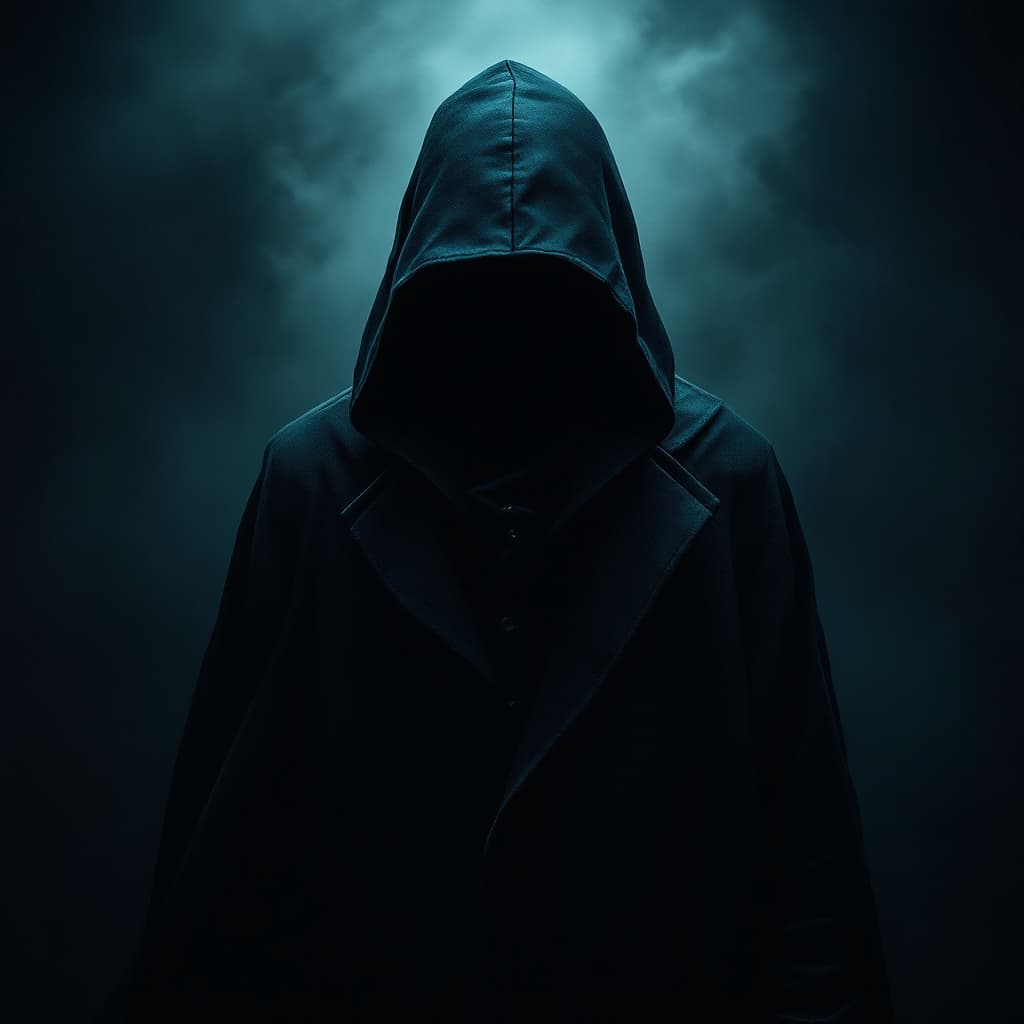 AI generated: mysterious magician looking ahead in dark coat with hood in dark conditions