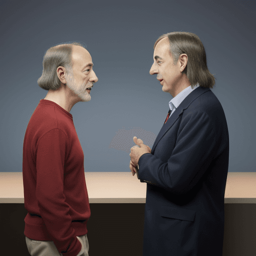 AI generated: Anime style image of jim simons and ray dalio having a discussion while facing each other.