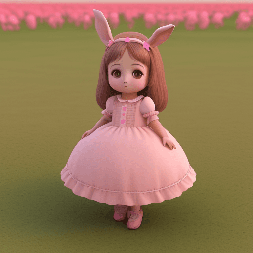 AI generated: una niña en el campo y un conejo color rosa 3d