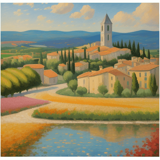 AI generated: impressionist painting on canvas of Provence, in the style of impressionist masters, warm colors, de...