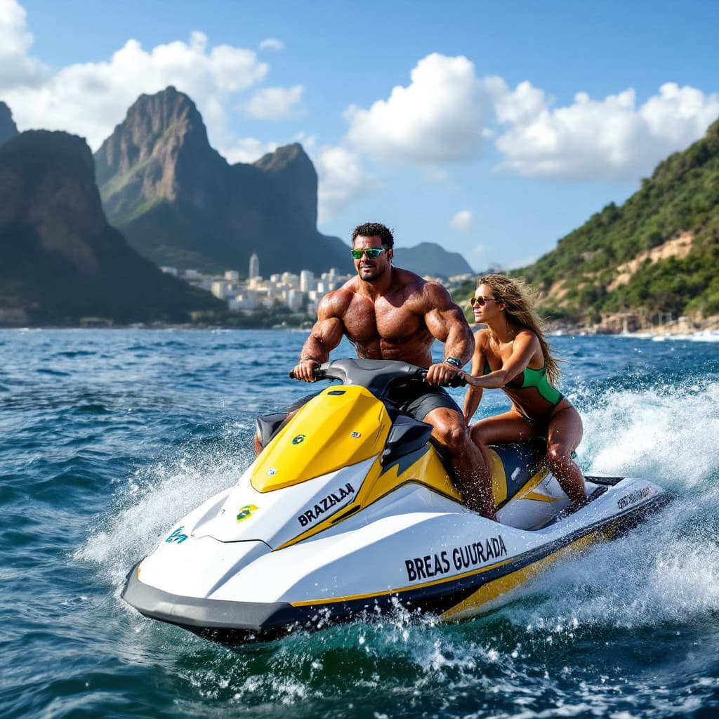 AI generated: a Brazilian lifeguards with large pectoral muscles pose on jetski in the waves in Rio, wearing tight...