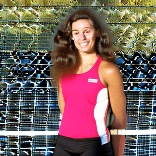 AI generated: female volleyball player with long curly brunette hair, tight shorts, fit body