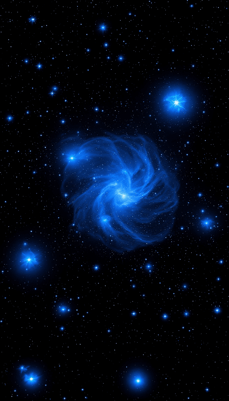 AI generated: In the panoramic bird's-eye view, blue-white luminous particle clusters float in the dark matter reg...
