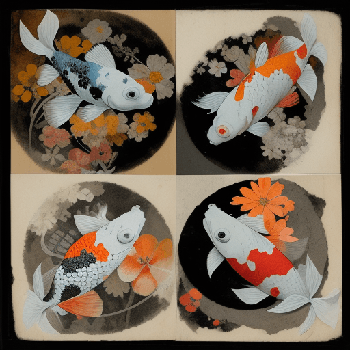 AI generated: Collage de técnica mixta, arte en papel, peces koi con flores botácicas, collage estilo neoyorquino,...