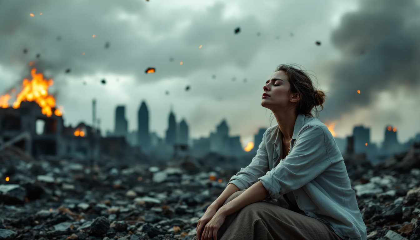 AI generated: WOMAN IN A STATE OF GRIEF SITTING ON THE GROUND WITH HER EYES CLOSED, AGAINST THE BACKGROUND OF A DE...