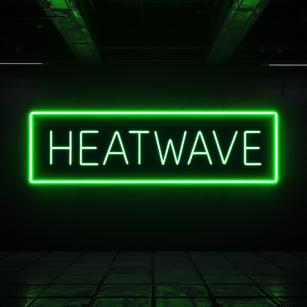 AI generated: hyper realistic dark green tube light writing in a bright industrial bar with the text - HEATWAVE - ...