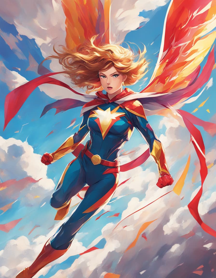 AI generated: In a vibrant and dynamic anime style, depict a fierce and empowered female superhero soaring through...