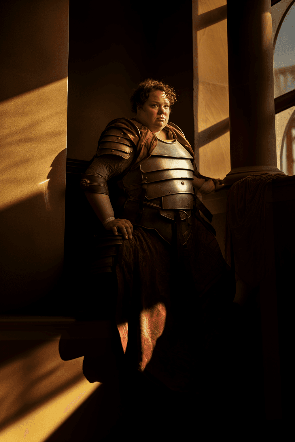 AI generated: gritty portrait of, chubby woman, norman rockwell style, as a roman gladiator, Wearing gladiator arm...