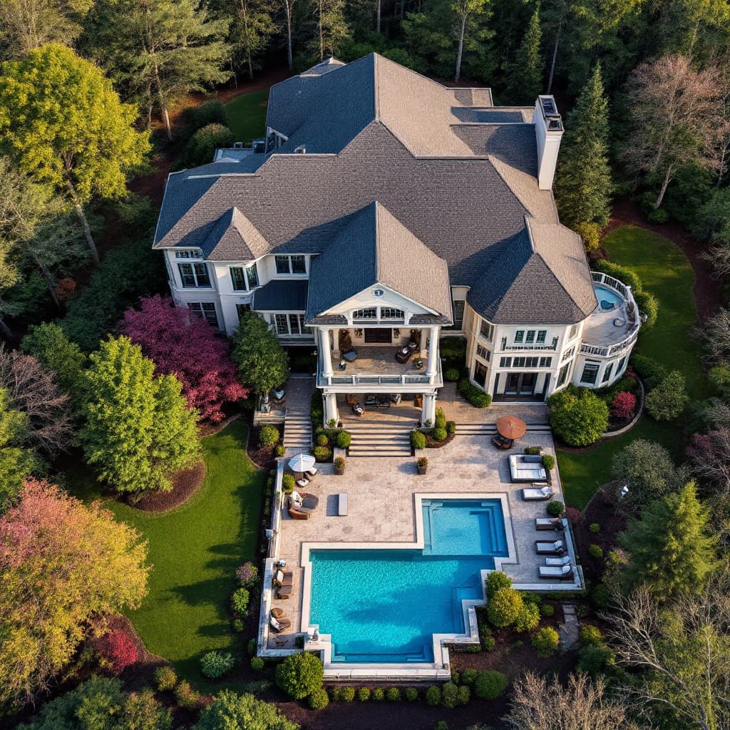 AI generated: A eyebird view of a luxury house with a stunning patio on a nice area of Carolina, USA