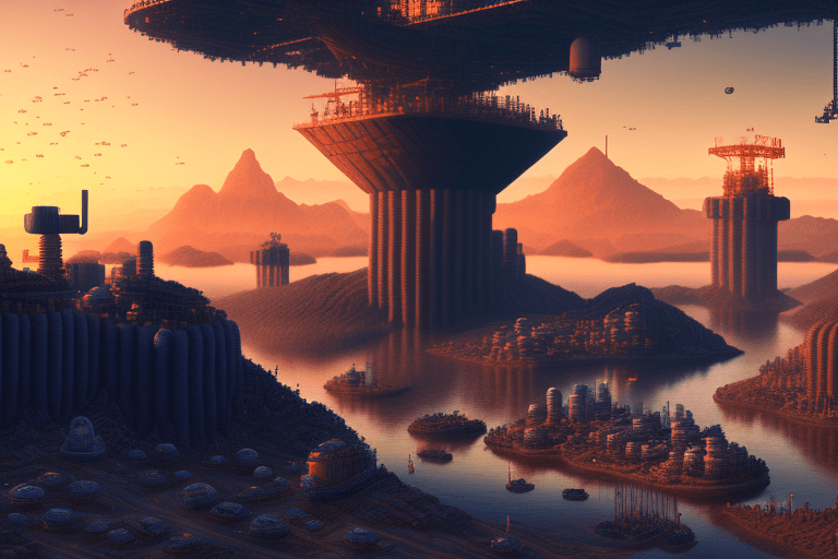AI generated: utopia, stunning, landscape, human colony, worker, port, epic realism, super detailed photography, d...