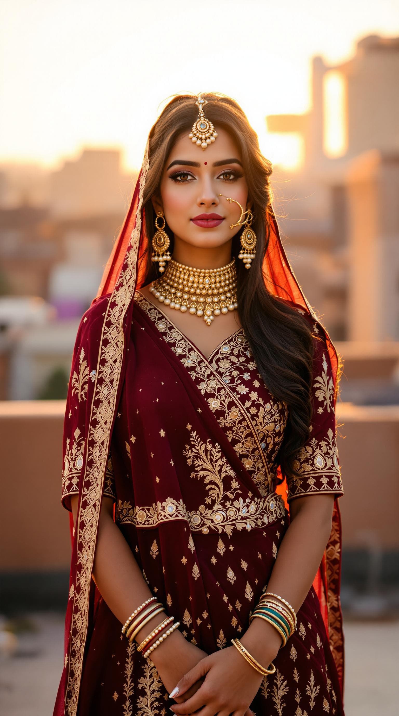 AI generated: "A highly detailed ultra HD 8K realistic full-body portrait of a young Indian woman wearing a deep m...