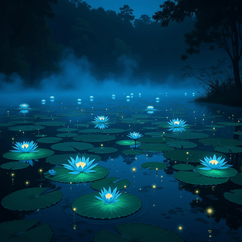 AI generated: A serene nighttime pond filled with glowing bioluminescent water lilies, their petals radiating soft...