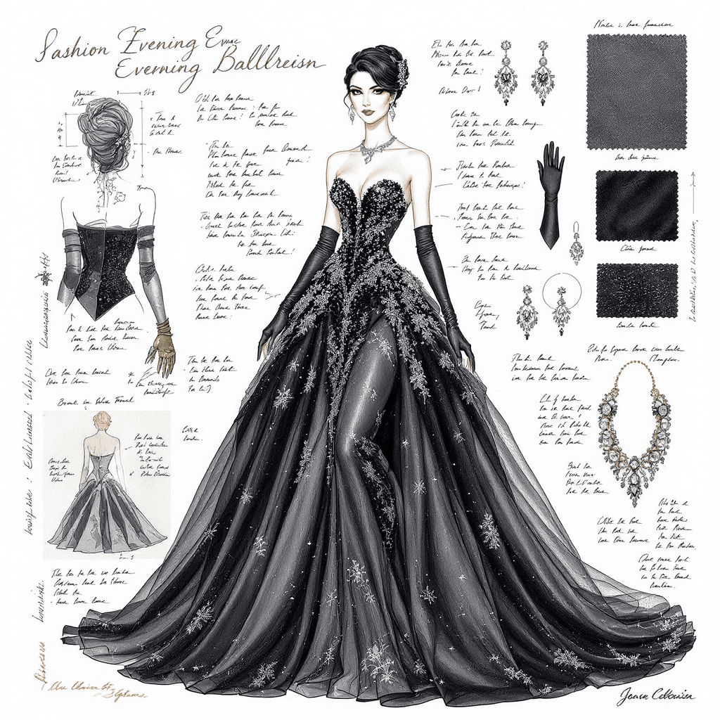 AI generated: A sophisticated fashion illustration of a graceful, elegant woman in a luxurious black evening ball ...