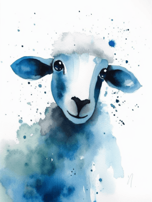 AI generated: Serene, outline blue and white, tranquil background, watercolor book page, Aardman sheep, white back...