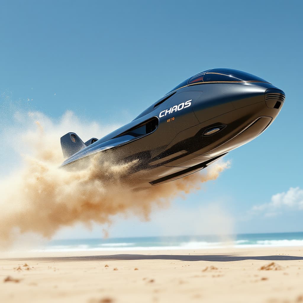 AI generated: Futuristic personal flying jet ski, sleek black design with the logo "CHAOS" on the side, flying ove...