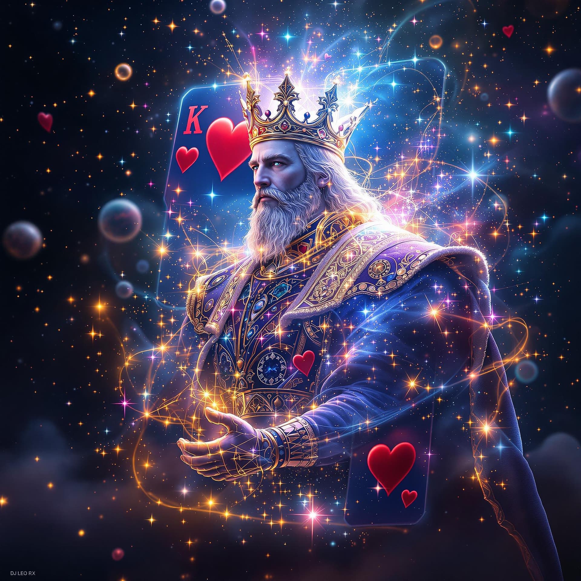 AI generated: The King of Hearts card transforms into a 3D hologram that appears to be made of cosmic energy. As t...