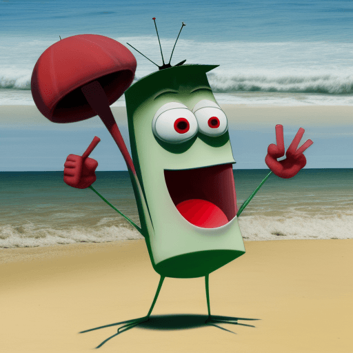 AI generated: Plankton is in the beach, red eye, and mad