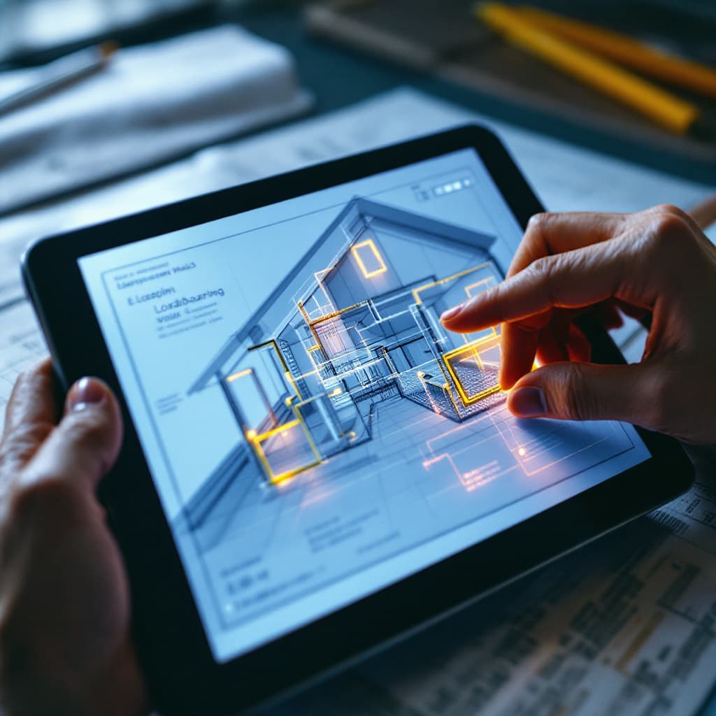 AI generated: A digital blueprint displayed on a tablet, with highlights indicating load-bearing walls.
dslr, ultr...