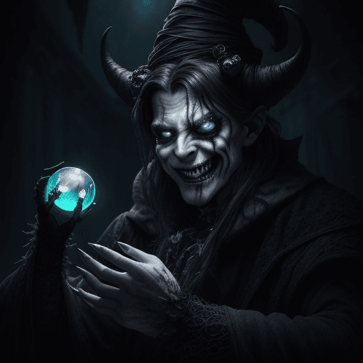 AI generated: A chillingly enchanting enchanter, his twisted features contorted into a malicious grin, blackened e...