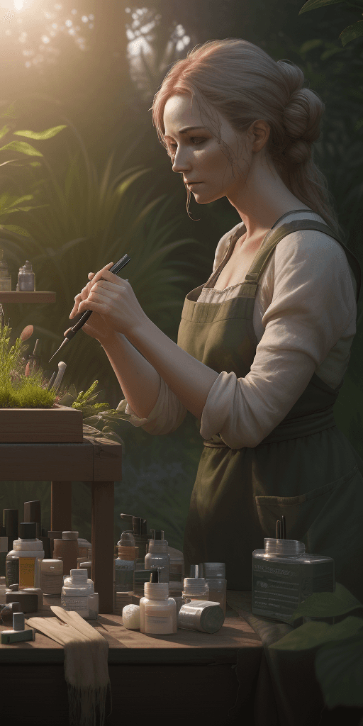 AI generated: High resolution photography of woman making natural cosmetics workshop in new zealand garden 2024, 6...