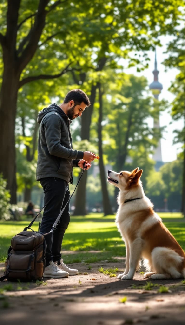 AI generated: A man is training his dog in a park in Tehran. He holds a small treat in his hand, using it to guide...
