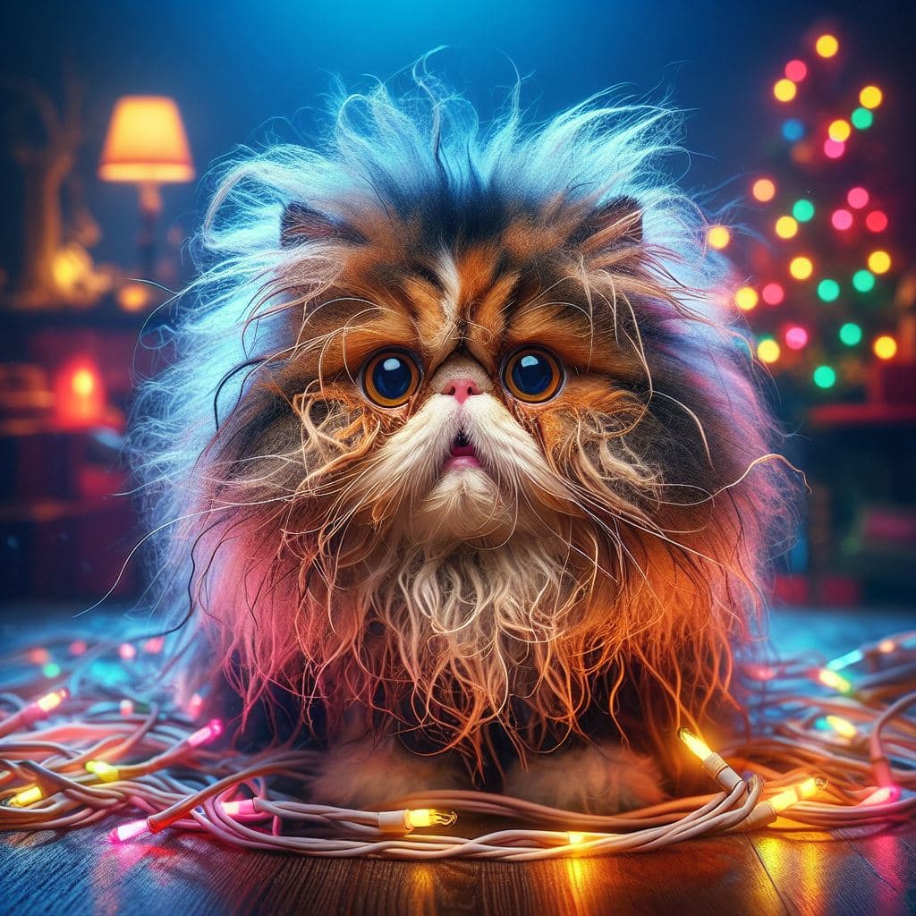 AI generated: Create a funny photo-realistic close-up of a Persian cat whose shaggy, bushy fur in tricolor sticks ...