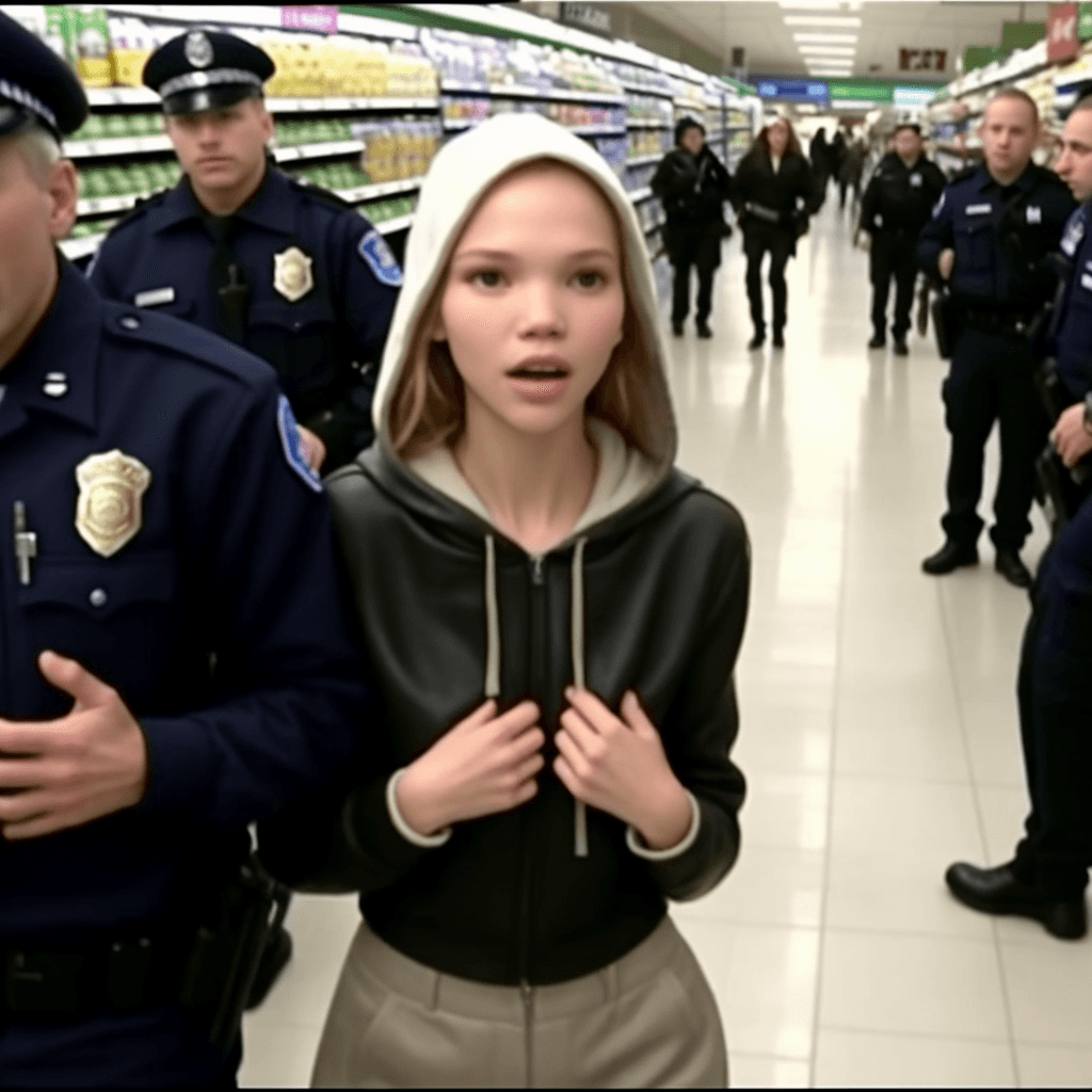 AI generated: screen cap restored from security camera,a sneaky thief girl sasha luss stealing in grocery store, h...