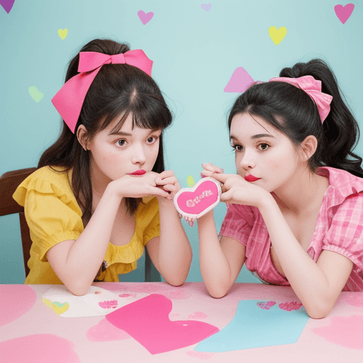 AI generated:  two girls and glueing things on a table, in the style of cute and colorful, wrapped, valentine hugo...