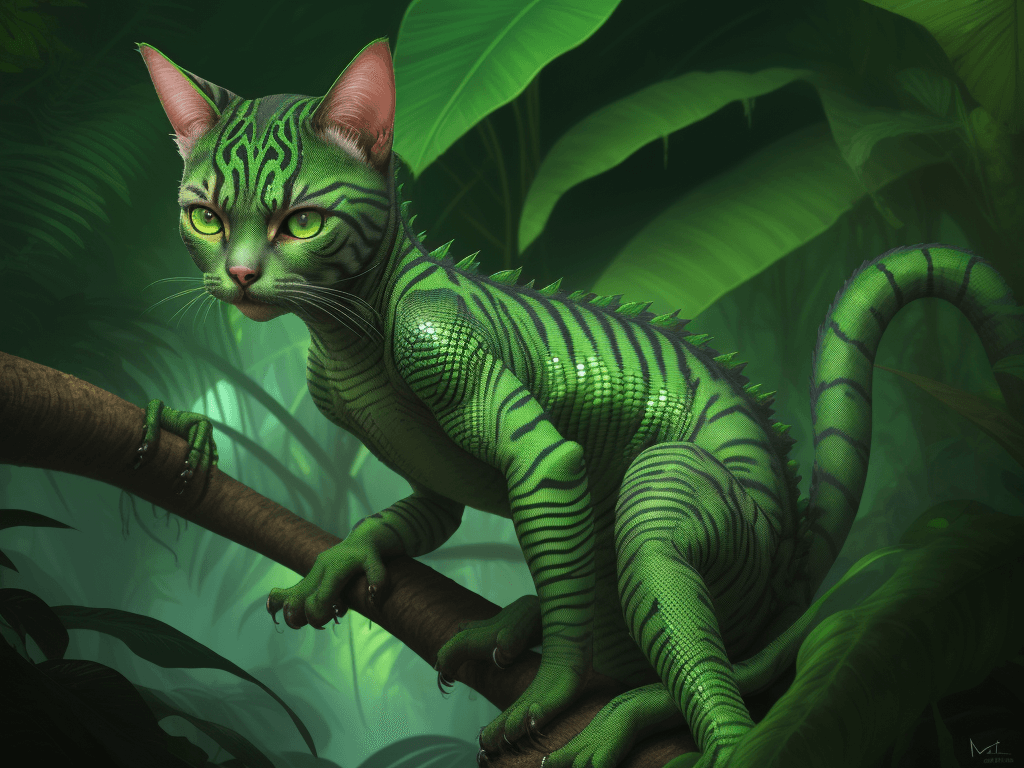 AI generated: a detailed digital painting of a ((cat: reptile: 0.7)), in a rainforest, bright colored skin, macro ...