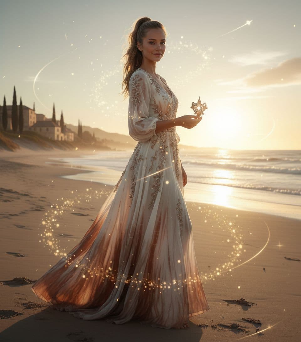 AI generated: a dark blond woman with long ponytail hair is standing in the beach, in the style of dark white and ...