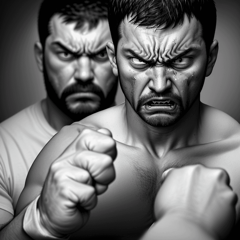 AI generated: The first image shows a visibly frustrated man, with an angry and aggressive expression. His face is...