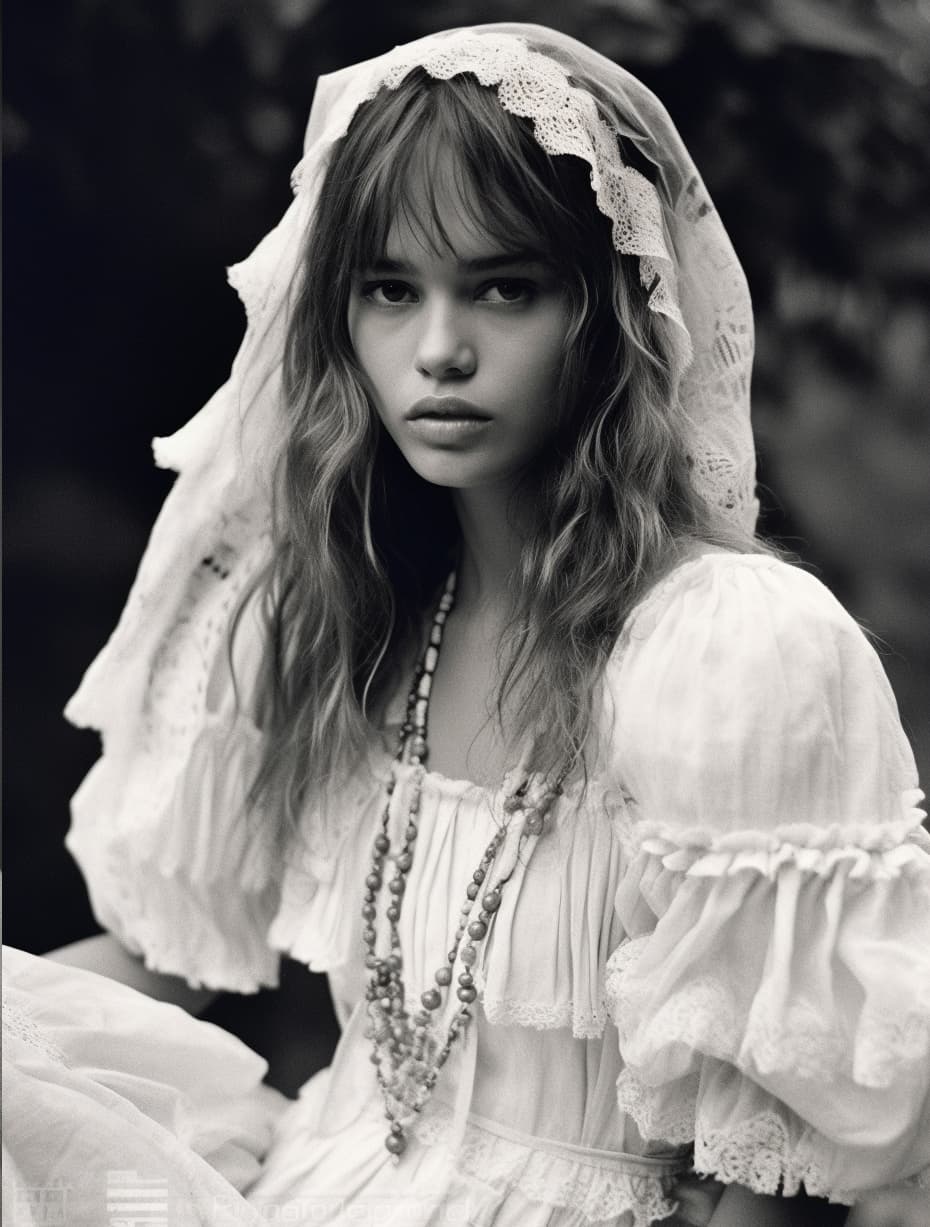 AI generated: a black and white photo of a woman in a dress, tumblr, renaissance, vogue france, wearing a white fo...